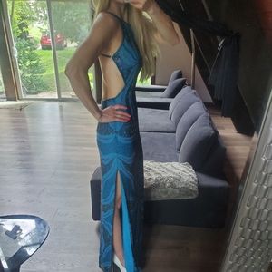 Cache formal prom backless blue beaded gown XS